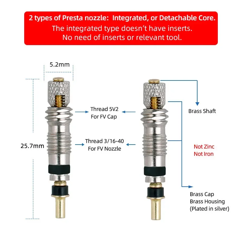 Bicycle Brass Tubeless Presta Valve Core W/ Optional Seal Ring N Aluminum Cap CNC-Machined Cycle Nozzle Replacement Parts