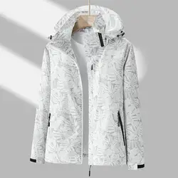 Outdoor Women Coat Leaf Print Waterproof Windbreaker Jacket with Hood Zipper Pockets for Women Breathable Outdoor Coat for Fall