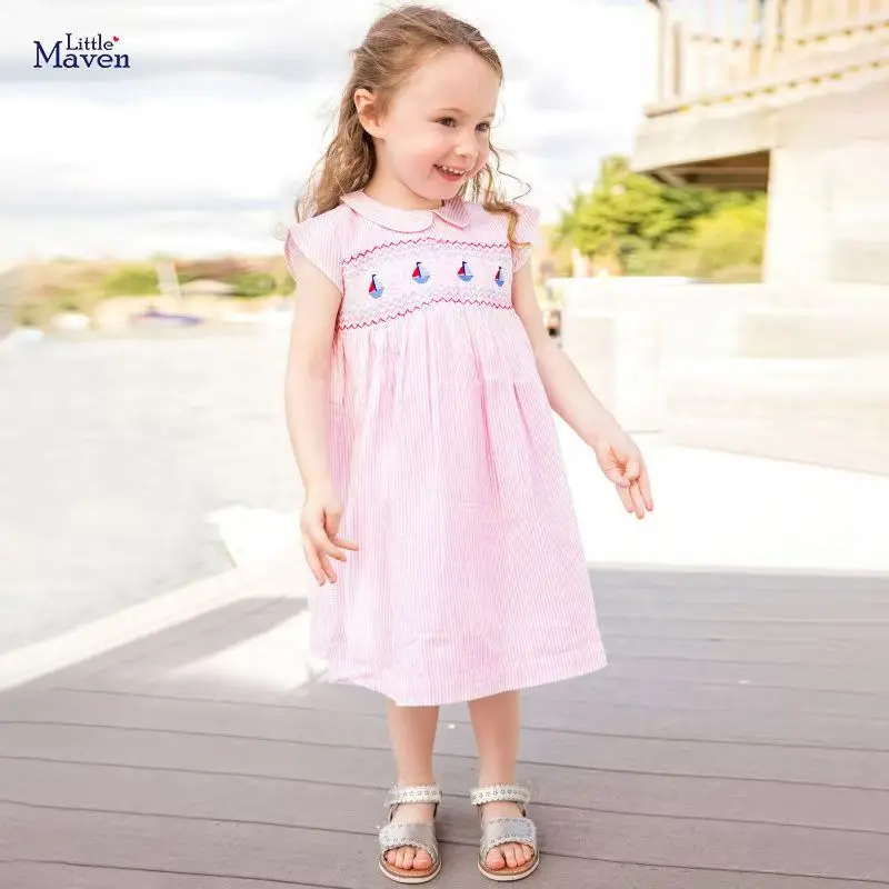 

Child Girl Summer Striped A-Line Dress with Doll Collar Short Sleeves and Nautical Embroidery Detail