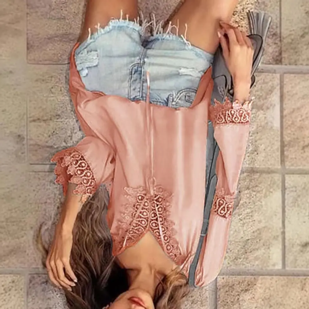 

Regular Styling Women Shirt Spring Tops V-Neck Embroidery Lace Trim Lace-up Long Sleeve Pullover Tops Loose Casual Style Shirt