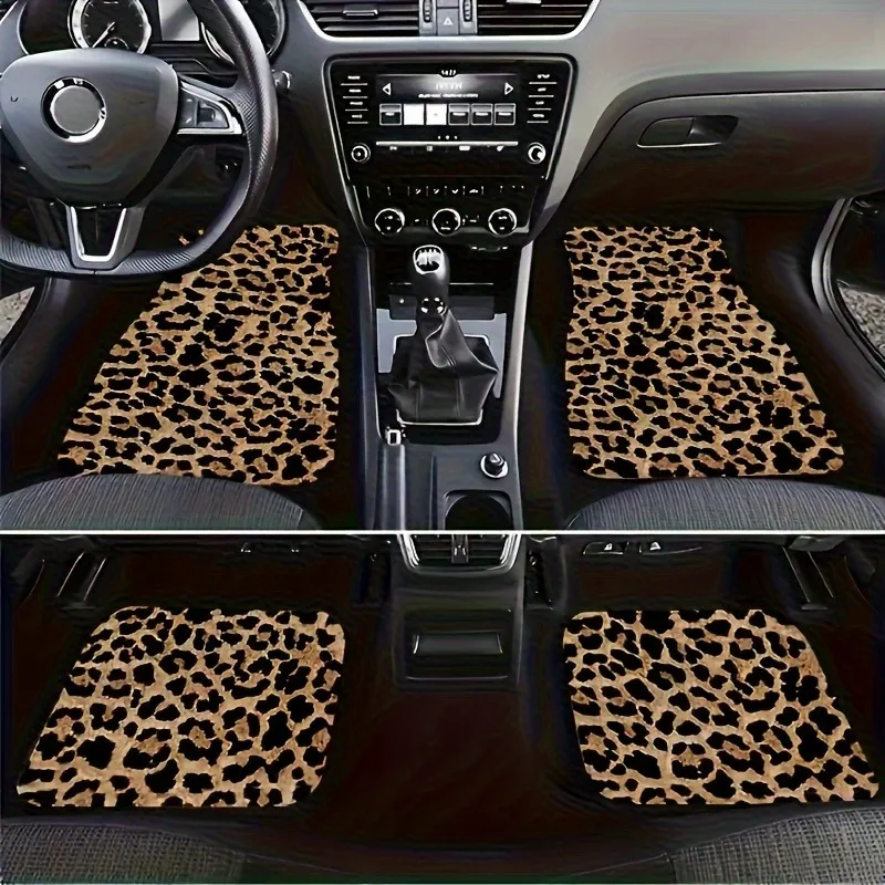 Universal Fit Leopard Print Car Floor Mats 4pcs Set, Polyester Fiber, Absorbent, Non-Slip, Washable for Cars & SUVs