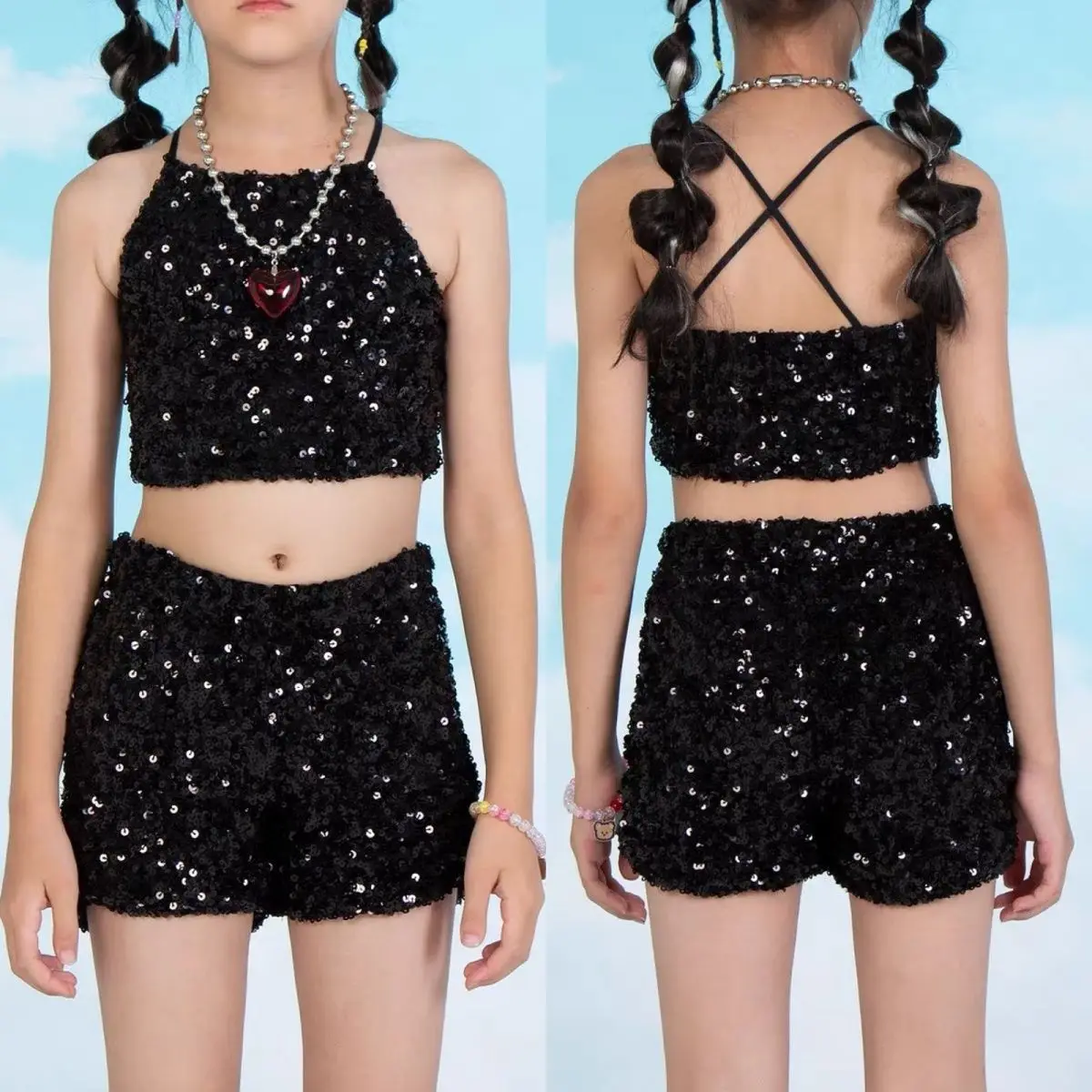 

Комплект из двух предметов для маленьких девочек, укороченный топ, жилет и шорты, черный костюм с блестками для джазовых танцев, детская одежда, блестящая одежда для детей от 2 до 16 лет
