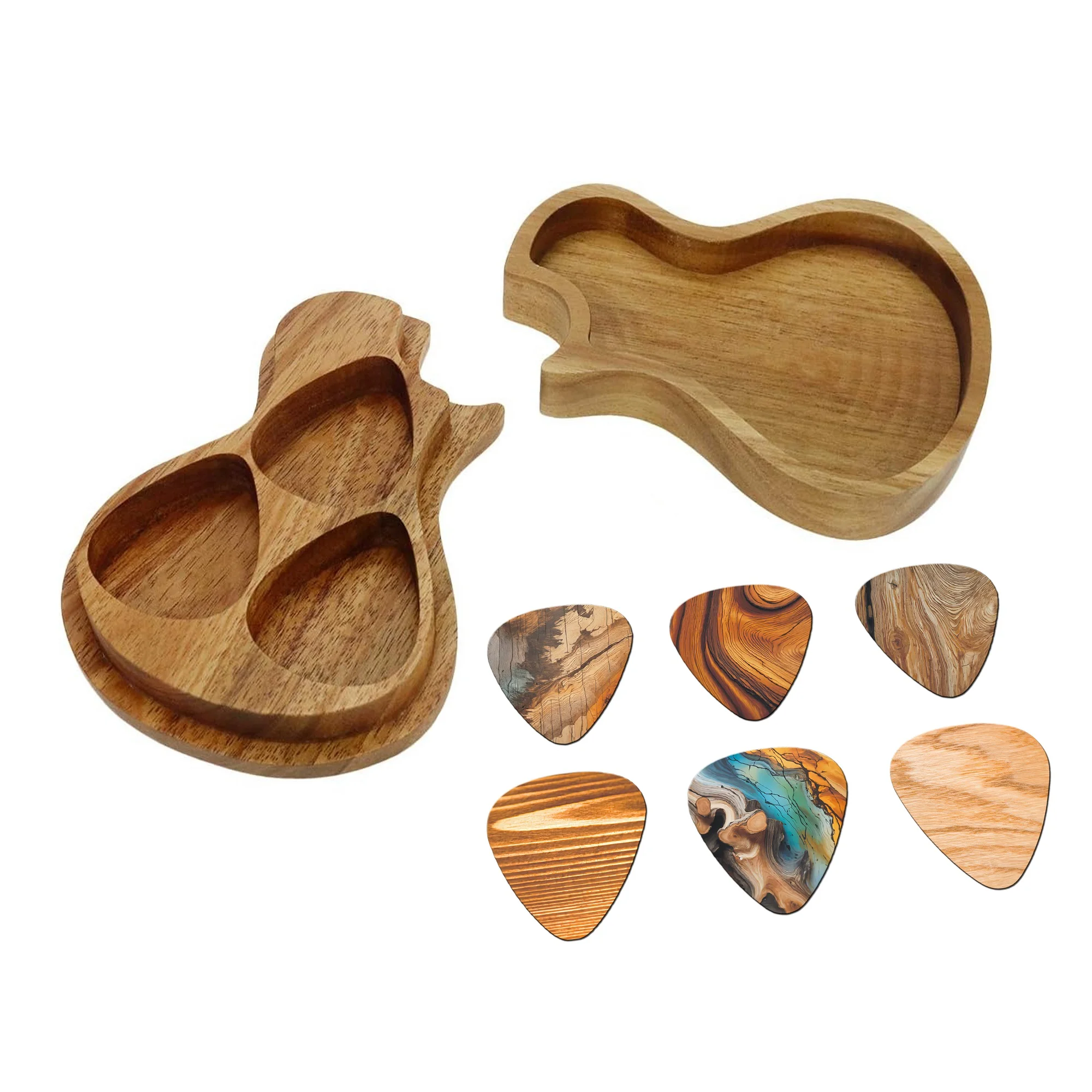 Guitar Picks Wood Storage Box Set - 6 Pcs Double-Sided Printed Wooden Pattern Guitar Picks , Ideal Gift for Guitar Players,