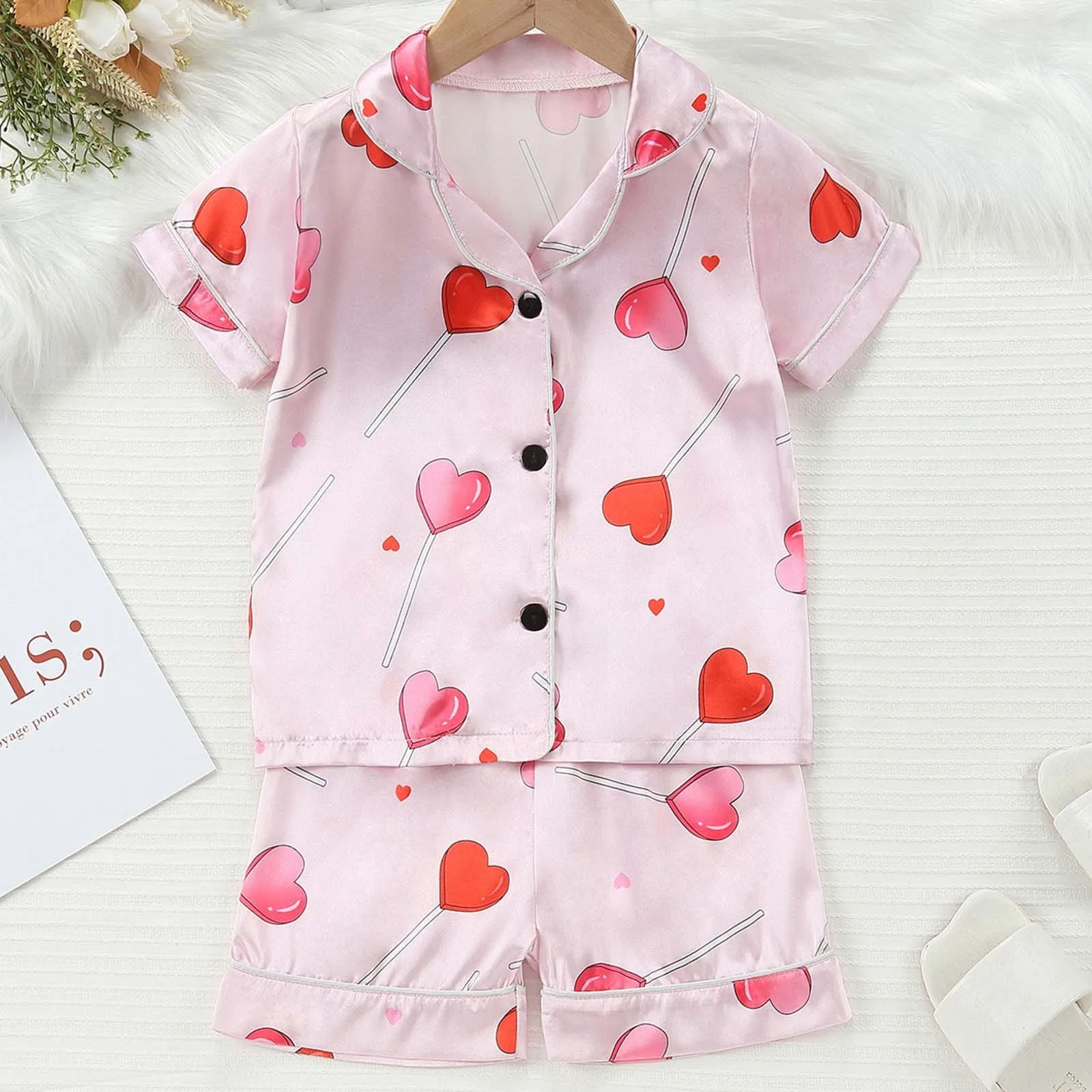 1-6Y Kids Girls Pajama Sets Heart Print Turn-Down Collar Short Sleeve Tops Elastic Waist Shorts 2Pcs Suit Pyjama Sets Nightwear