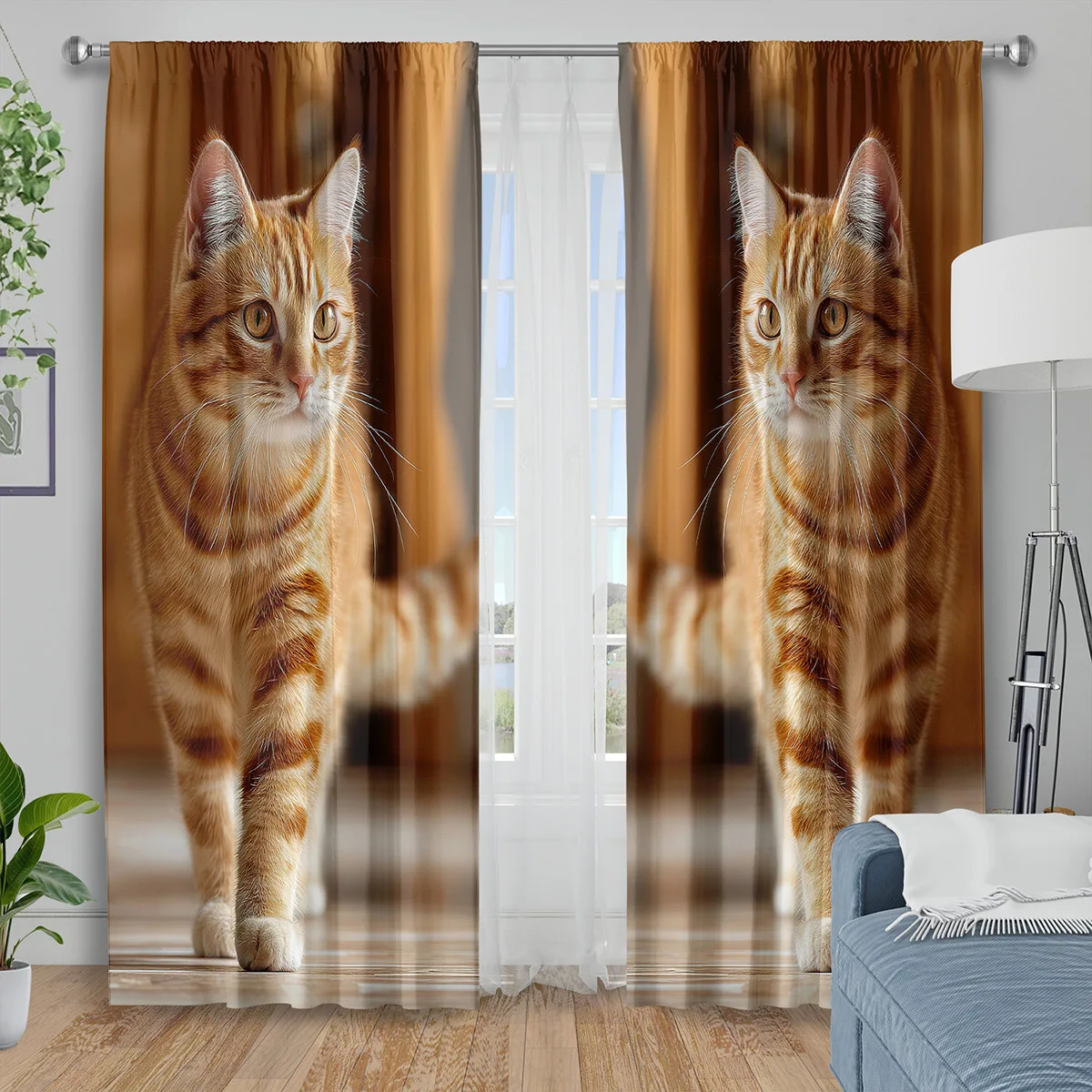 Realistic Orange Tabby Cat Curtains Cute Kitten Walking Print Window Drapes Pet Lover Home Decor Blackout Fabric for Living Room