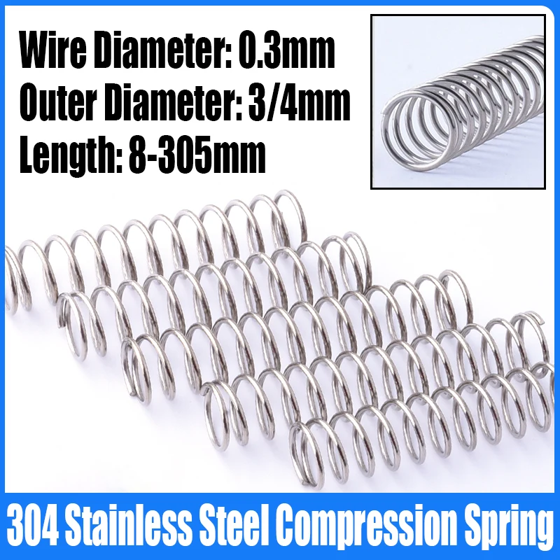 

1-20PC 0.3mm Wire Diameter Compression Spring 304 Stainless Steel Pressure Spring Return Spring 3/4mm Outside Diameter L=8-305mm