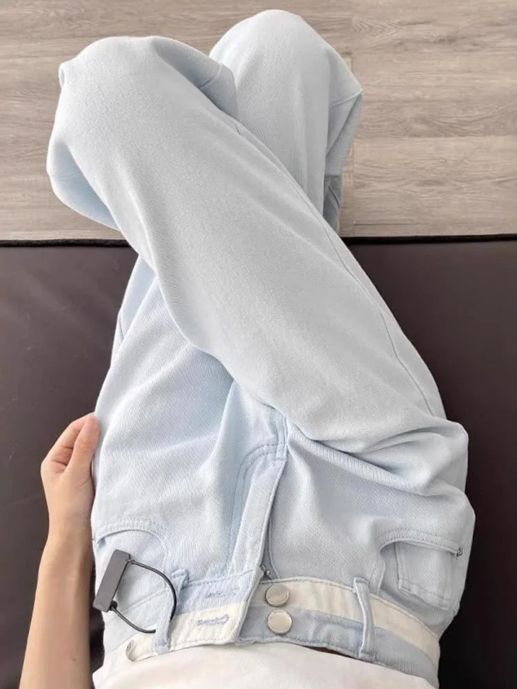 بنطلون جينز نسائي بخصر عالٍ وساق مستقيمة، بنطلون دينيم أزرق ضيق، سروال واسع الساق للتحكم في البطن، مناسب للجسم على شكل كمثرى ...