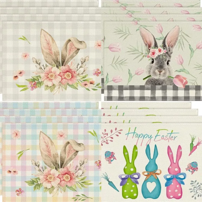 1PC Easter Placemats Rabbit Flower Pattern Dining Table Coffee Table Decoration Antifouling Insulation Tablecloth