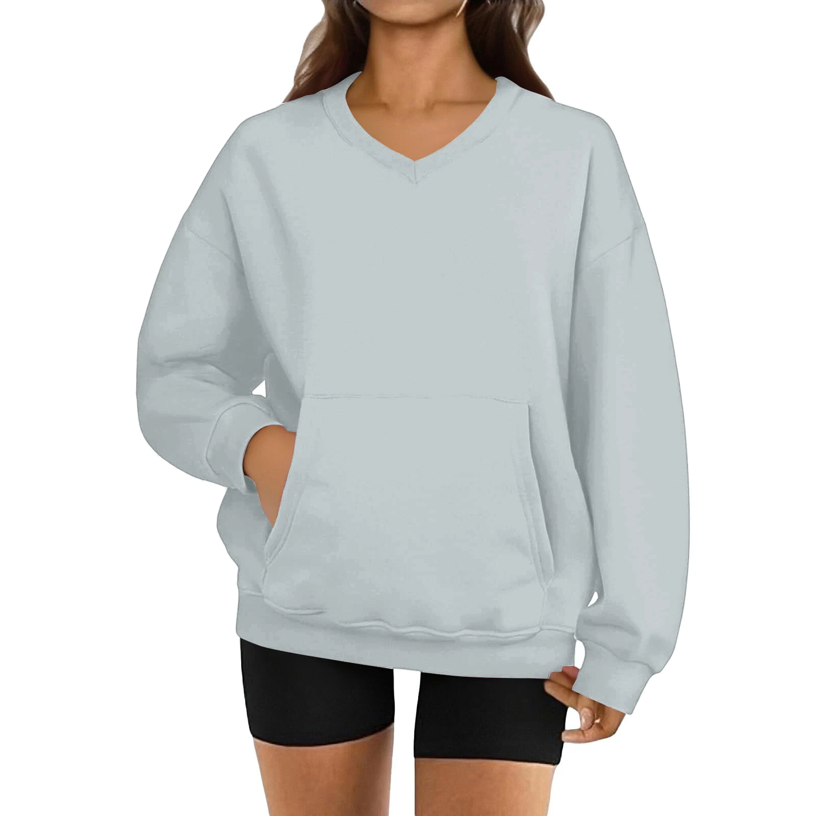 المرأة الموضة بلون طويلة الأكمام الخامس الرقبة البلوز هودي للإناث الخريف الملابس جيب هوديس متعدد الألوان للجنسين Wome #5