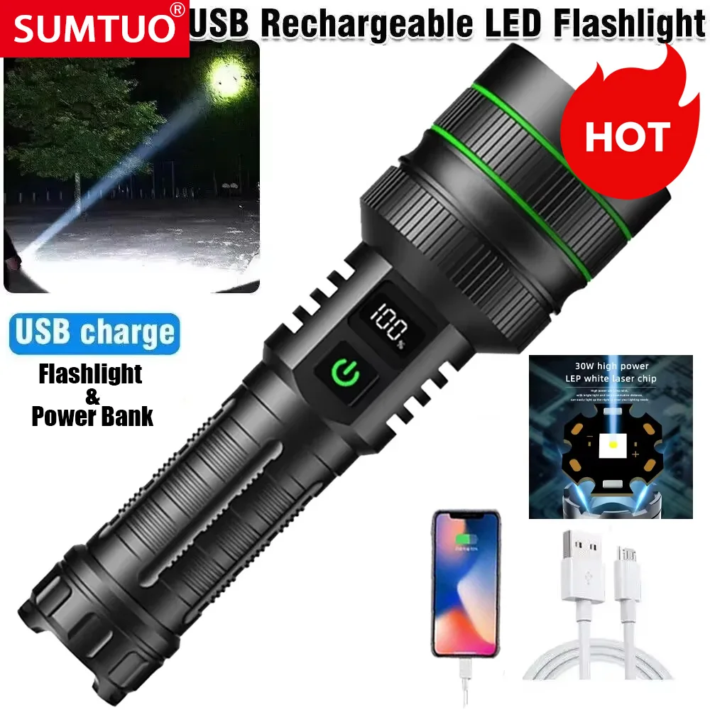 

High Power White Laser LED Flashlight 26650 Battery USB Rechargeable Strong Light Tactical Torch Outdoor Camping Hiking Lamp