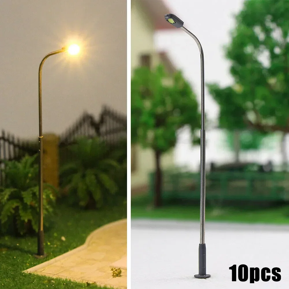 10Pcs Model Railway Warm White Lamp Post Street Light Single Head H0 TT Single Headlight 1:50 Perfect For Rail & Building Layout