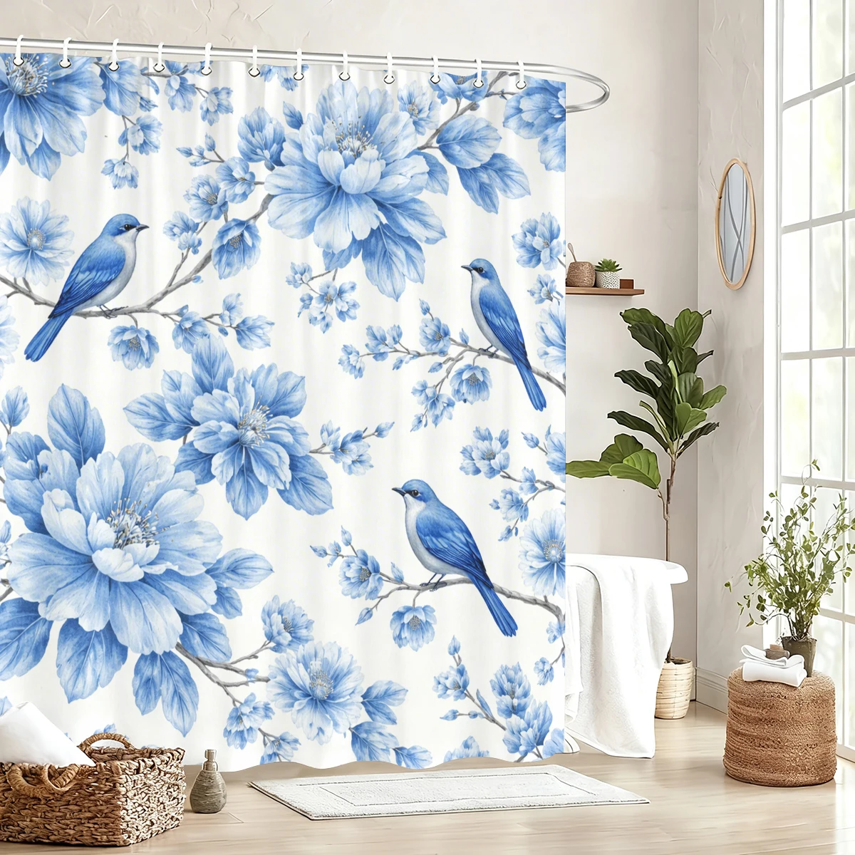 

Charming Polyester Shower Curtain - Printed with Daisy, Elephant, Floral & Bird Designs, Stylish Bathroom Decor Piece