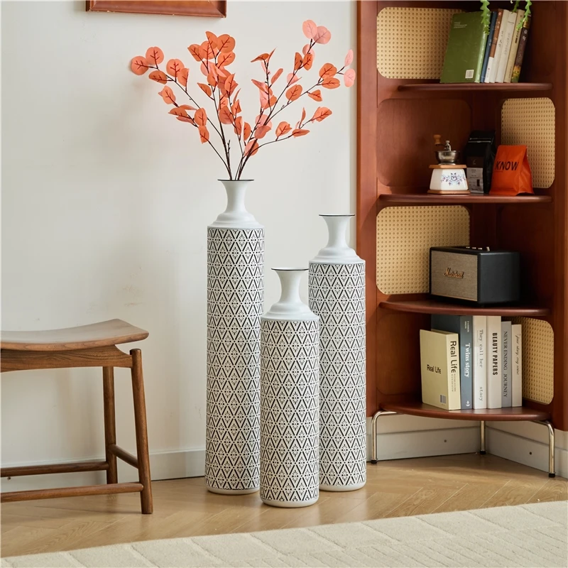 Metal Floor Vases Set of 3 (33.85/29.13/24.81in) - Semi-Handcrafted Geometric Pattern Tall Metal Vases for Home Decor, Living