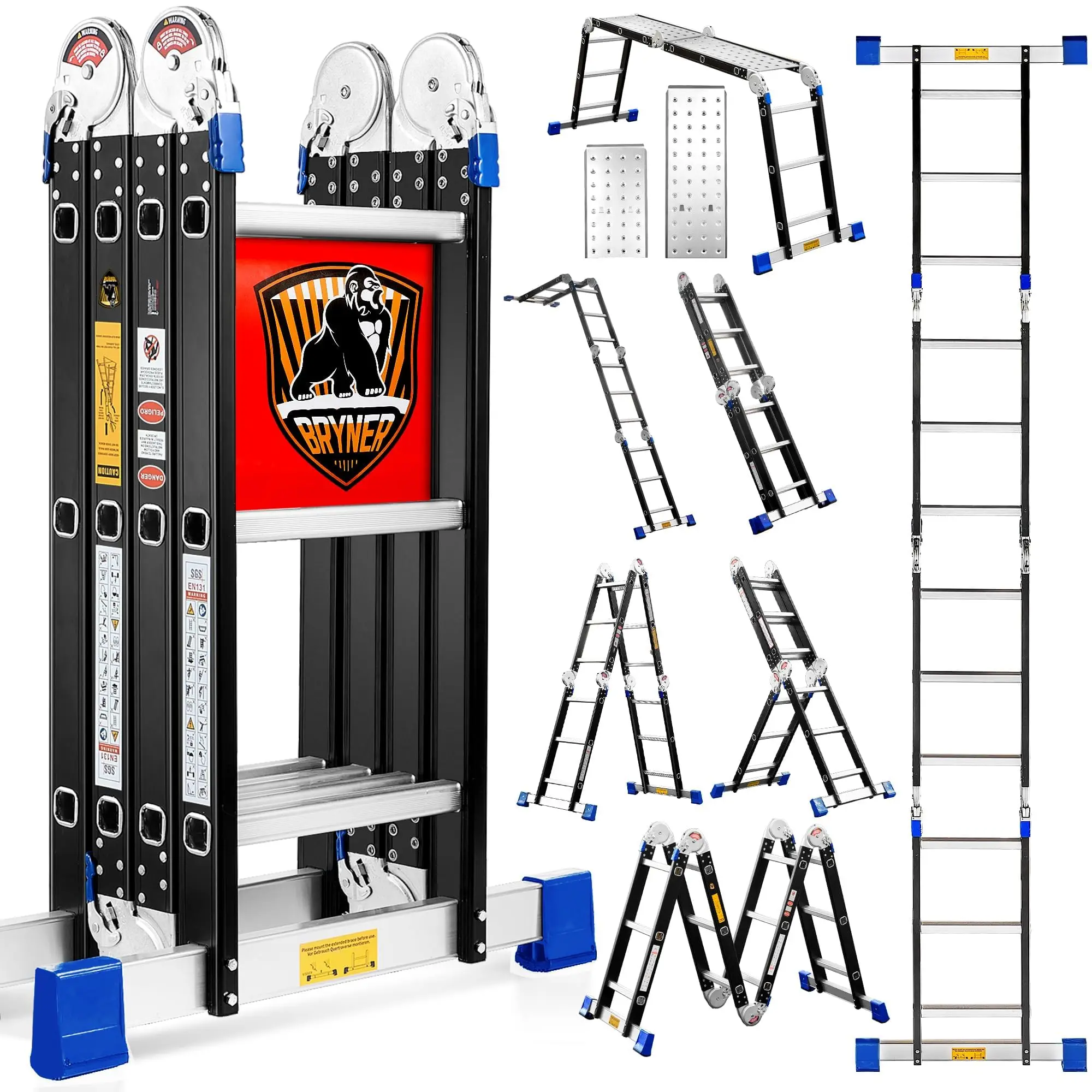 Bryner Multi Purpose Folding Ladder 7 in 1 Aviation Grade Aluminum Telescopic Step Ladder Heavy Duty 330LBS Adjustable Extension Ladder for Home Construction