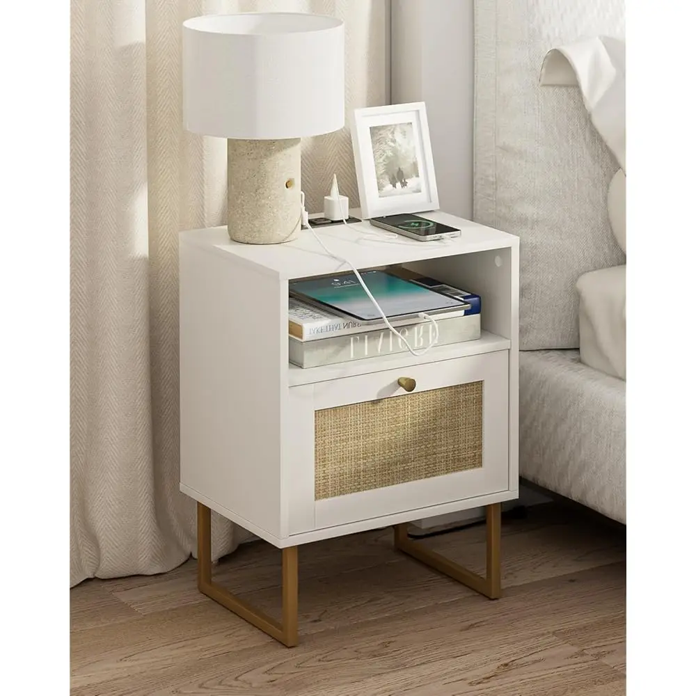 

Rattan Nightstand With Charging Station,Modern Boho Farmhouse Wood Bedside Table With Storage Drawer And Open Shelf,Small Gold