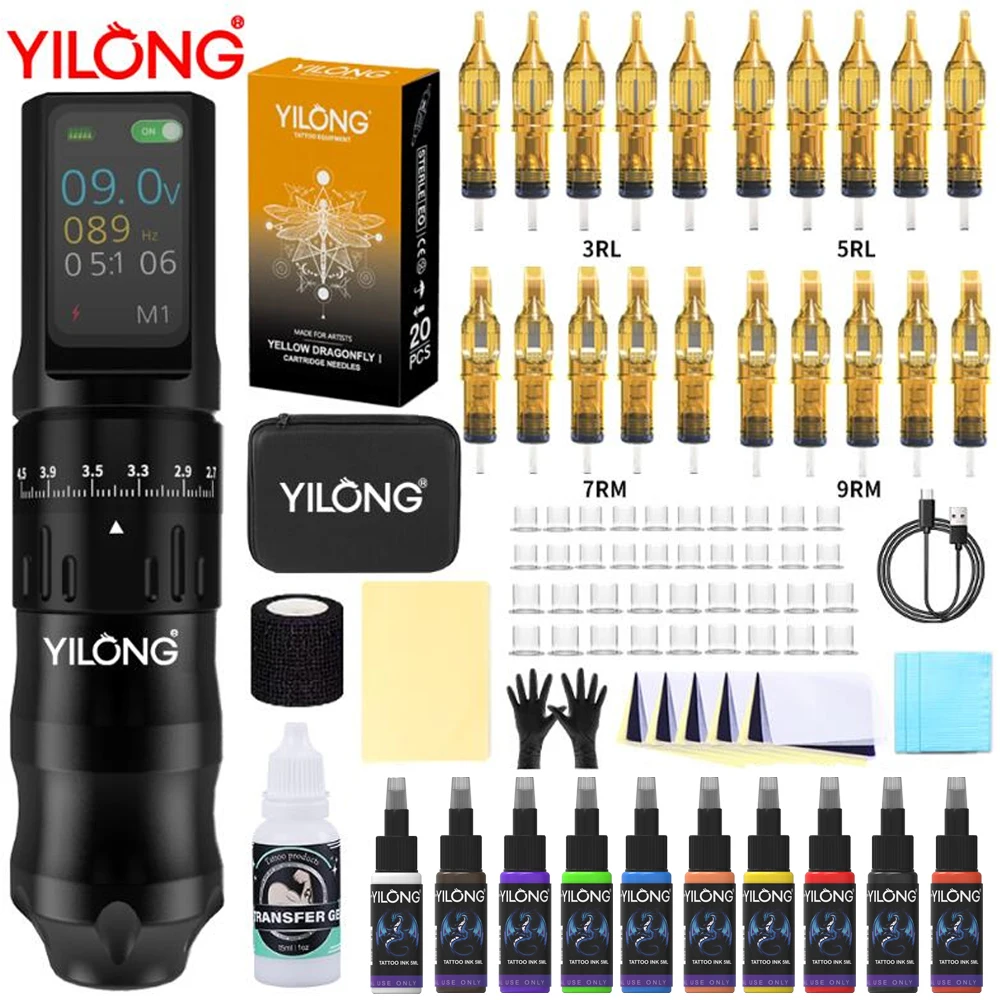 Yilong Wireless Tattoo Pen Kit 1600mAh Battery Rotary Tattoo Machine with LED Display for Professional Body Art