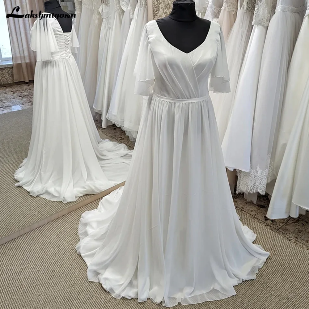 White Chiffon Half Sleeves Wedding Dress Lace Up Floor-Length V-Neck A-Line Wedding Gowns Custom Made Court Train Bridal Dresses