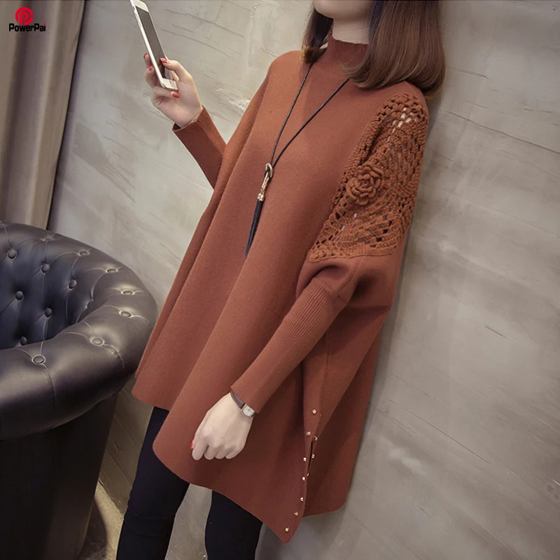 

Elegant Knit Handwork Flower Hollow Out Pullover Batwing Coat Women Loose Slim Cape Spring Autumn Sweater Poncho