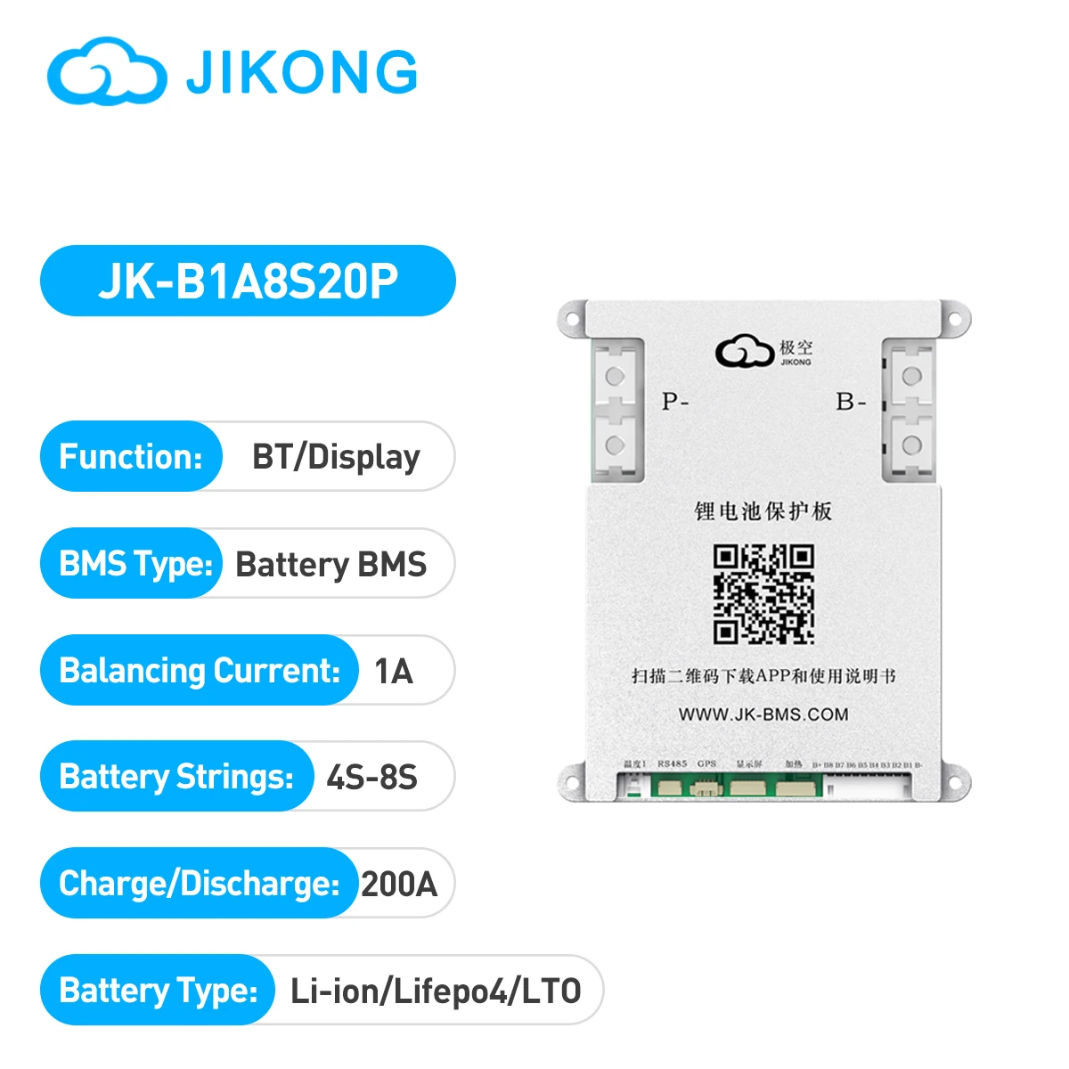 JIKONG BMS JK-B1A8S20P Lifepo4 Li-Ion Lto Battery  4S 5S 6S 7S 8S 12V 24V Active Balance BMS 200A  Balance Current 1A 2A