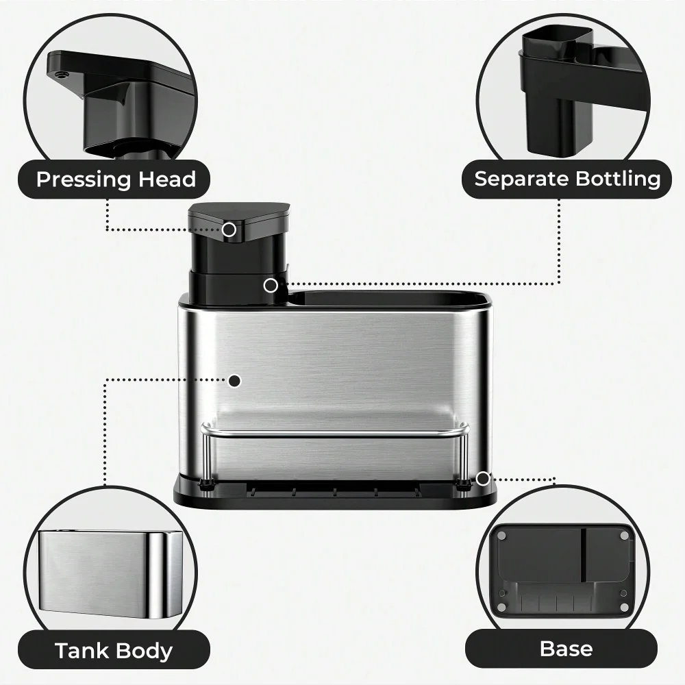 Dispensador de jabón de vajilla de acero inoxidable 3 en 1, soporte para esponja, escurridor organizador de fregadero, adecuado para fregaderos de cocina