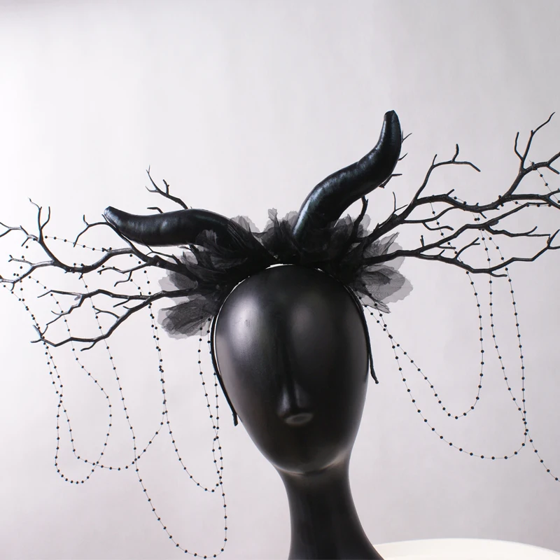 Forme de branche d'arbre de corne exagérée noire avec pompon, coiffure, style adulte, adapté à la scène, accessoires de photographie de spectacle, décoration