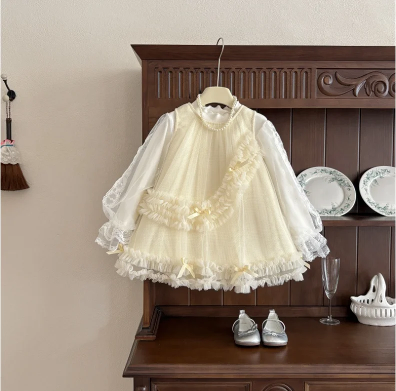 

Новые осенние модные комплекты для маленьких девочек, белая блузка + жилет, сетчатое платье, милые костюмы принцессы, От 2 до 7 лет