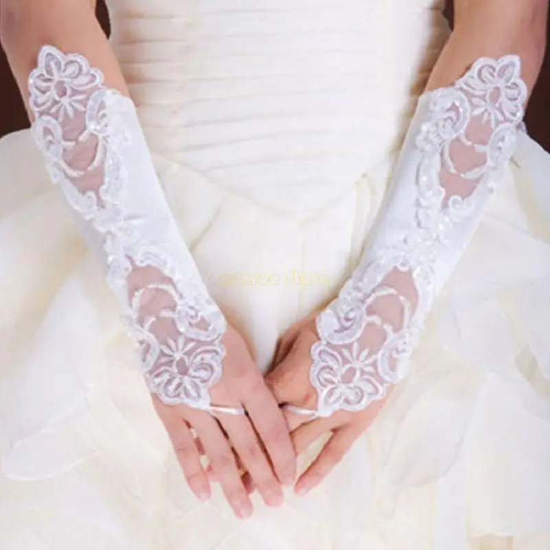 31BF Women Wedding Prom Party Lace Satin Gloves Elbow Length Sequins Long Mittens