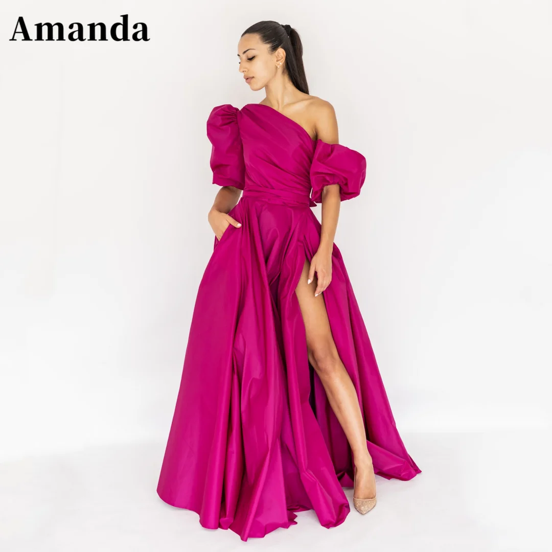 

Amanda Fuchsia Taffeta Puffy Prom Dress 2023 Sexy One Shoulder A-line Vestidos De Noche Ball Gown فساتين مناسبة رسمية