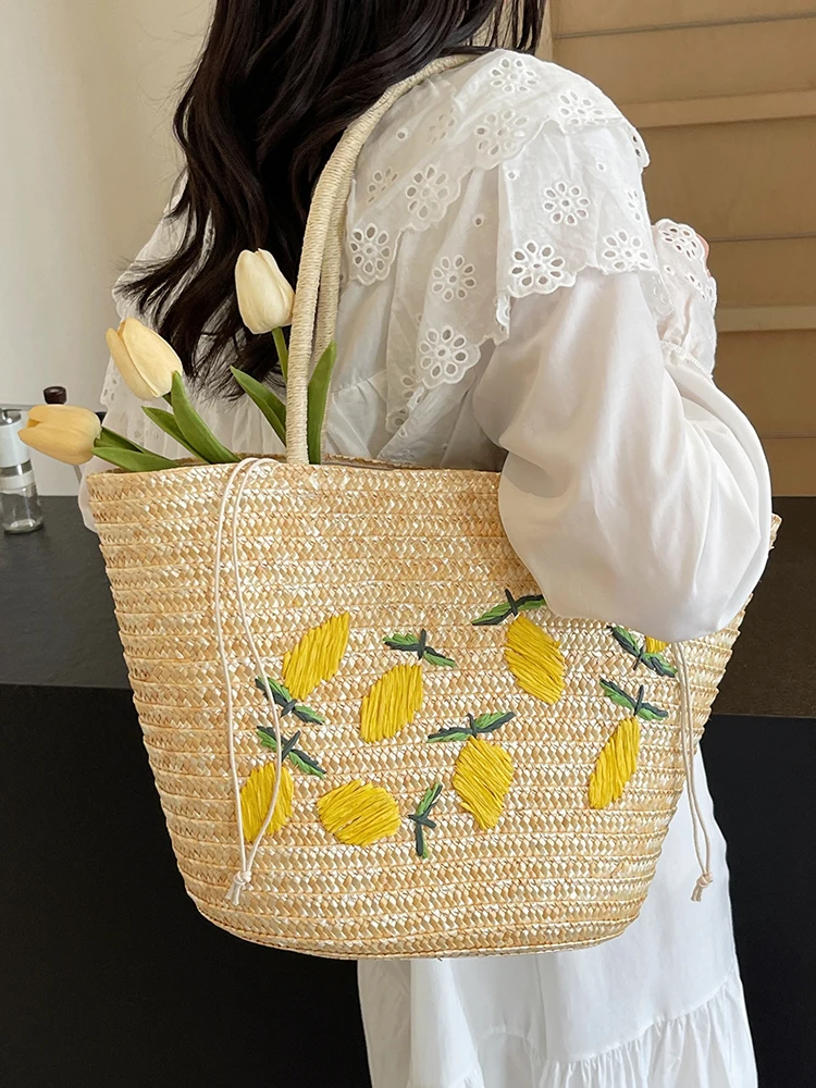 Large Capacity Straw Casual Women Shoulder Bags Fashion Embroidery Weave Ladies Underarm Bag Simple Travel Beach Female Handbag