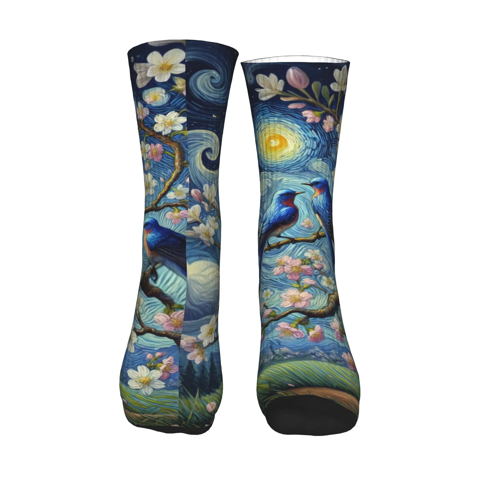 Funny Printing Starry Night Blue Songbirds Magnolia Floral  Socks for Women Men Stretch Summer Autumn Winter  Crew Socks - view 2