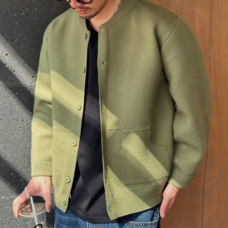 Trendy Men's Solid Color Sweatercoats Autumn Outdoor Fashion Button-up O Neck Cardigans Men Knitting Long Sleeve Sweater Jacket