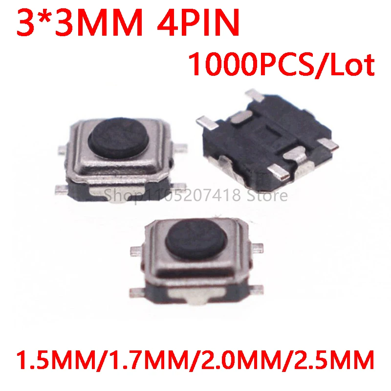 1000PCS Super Tiny Tactile Push Button Switch Phone Button 3*3*1.5mm SMD Micro Momentary Switch 3X3X1.5/1.7/2/2.5mm PCB mounting