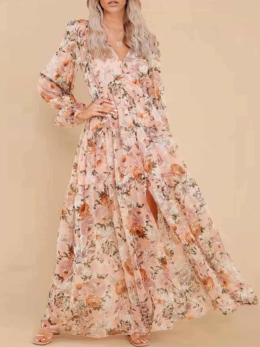 

2023 Autumn Flower Print Long Dress Women Ruffled Long Sleeve V-Neck Slit A-Line Flowy Dress for Beach Holiday Party Wear