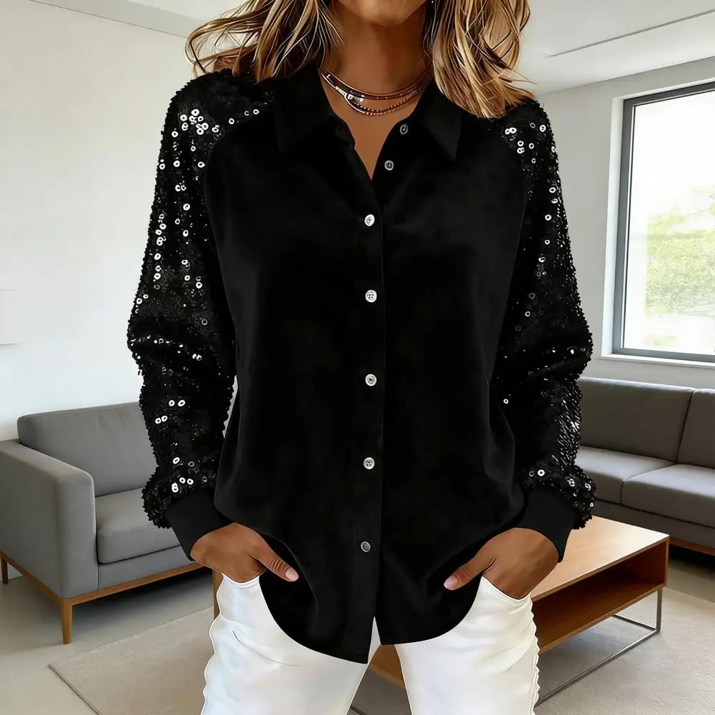 Camisas femininas de veludo moda brilhante sigle breasted botão camisa de manga longa feminino festa turn down collar streetwear camisas