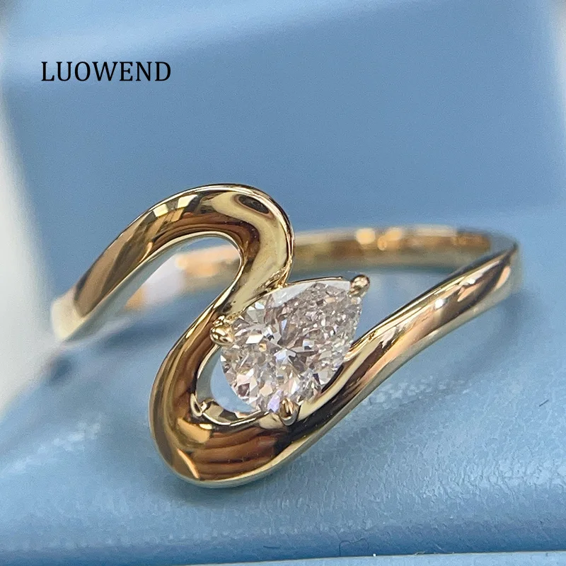 LUOWEND 100% 18K Yellow Gold Rings Luxury Fashion Style Real Natural Diamond Engagement Ring for Women High Party Jewelry