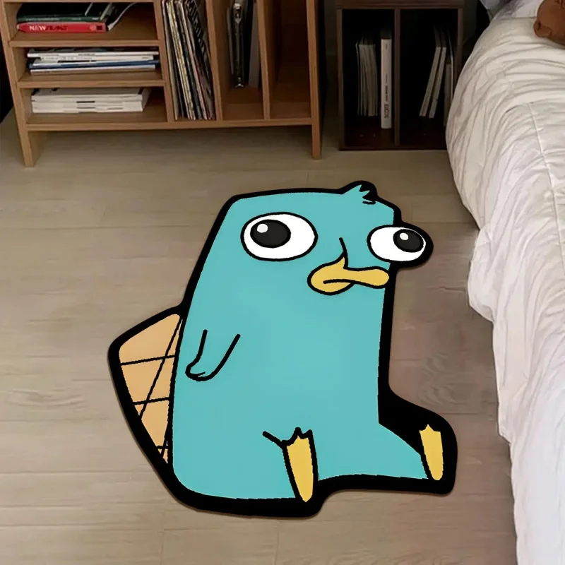 VIKAMA Modische Cartoon-Bodenmatte mit blau-grünem Schnabeltier-Motiv, weich und rutschfest, geeignet für Schlafzimmer und Wohnzimmer