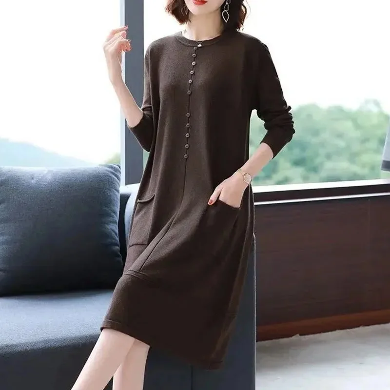 

Women One-Piece Dress in Spring and Autumn 2024 Loose Thin Age Reducing, Western-Sstyle, Mother's Knitted Skirt Medium Lengt