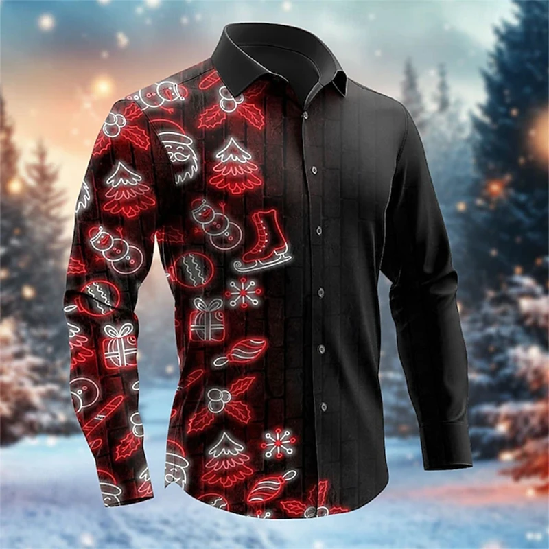 2024 Christmas Casual Men's Gift Printed Shirt Daily Wear Fall/Winter Out Lapel Long Sleeve Four Way Stretch Fabric Shirt