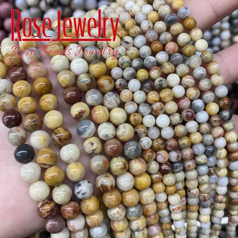 Natural Stone Yellow Crazy Lace Agates Beads Round Loose Beads 4 6 8 10 12 MM For Jewelry Making Diy Bracelets Accessories 15\