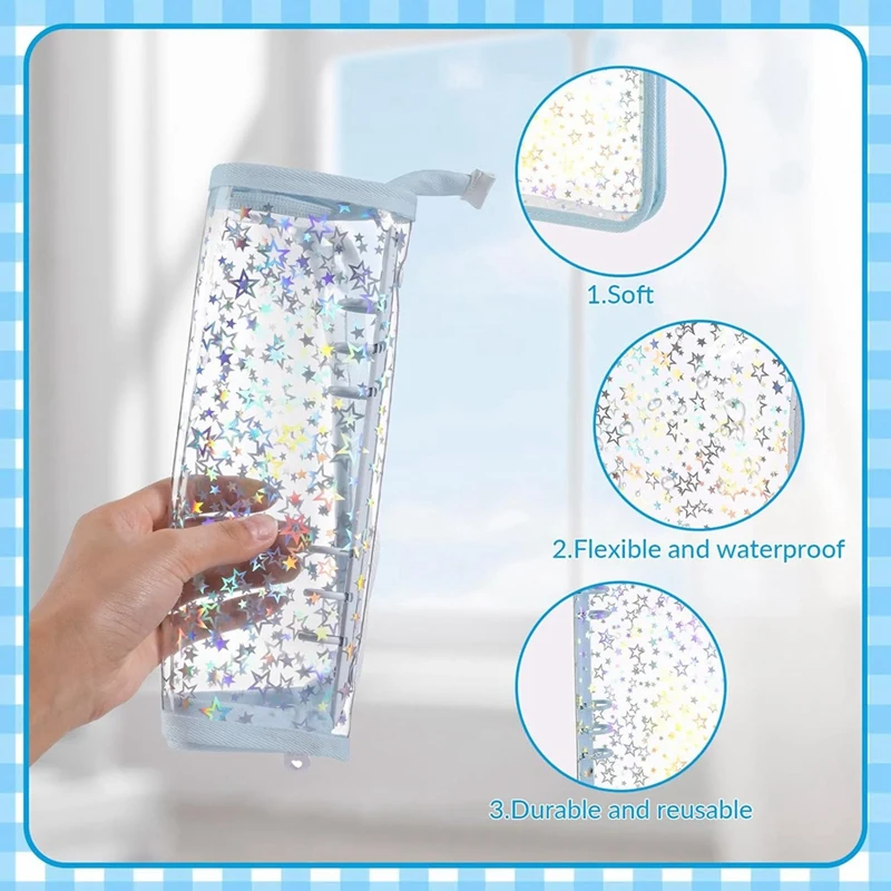 A5 Budget Binder Cover With Zipper, Glitter Stars A5 6 Ring Binder Planner, Clear PVC Refillable Notebook Shell-AT93
