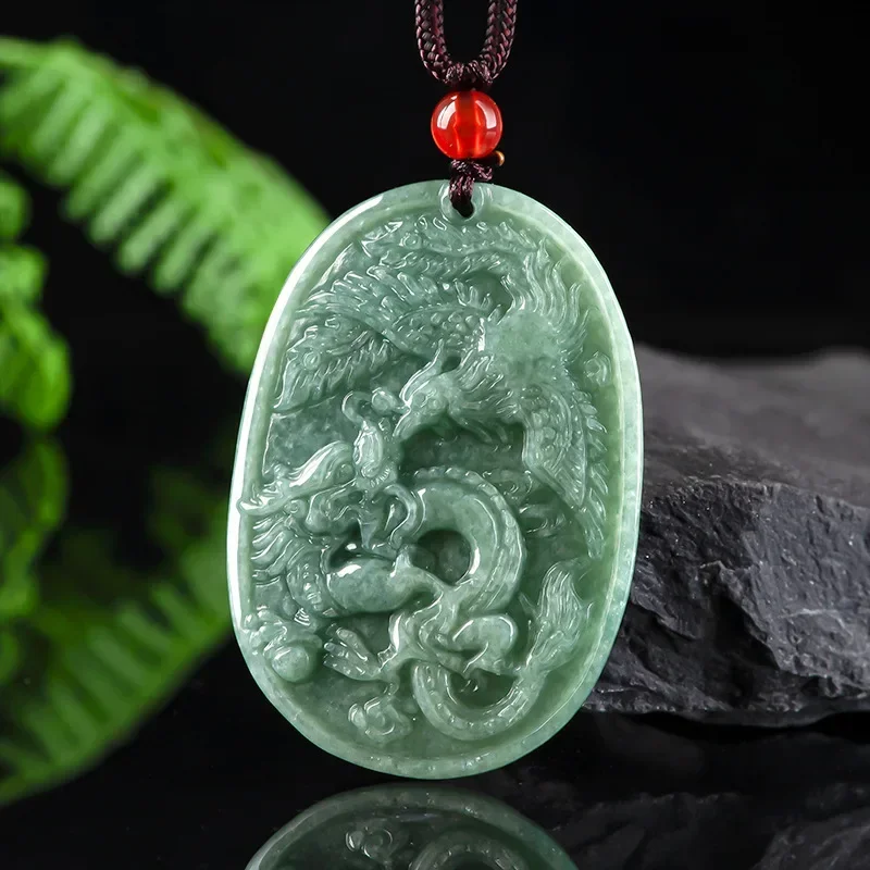 

Natural A Cargo Emerald Handmade Carving Dragon and Phoenix Pendant Fashion Boutique Jewelry Couple Jade Necklace Trip