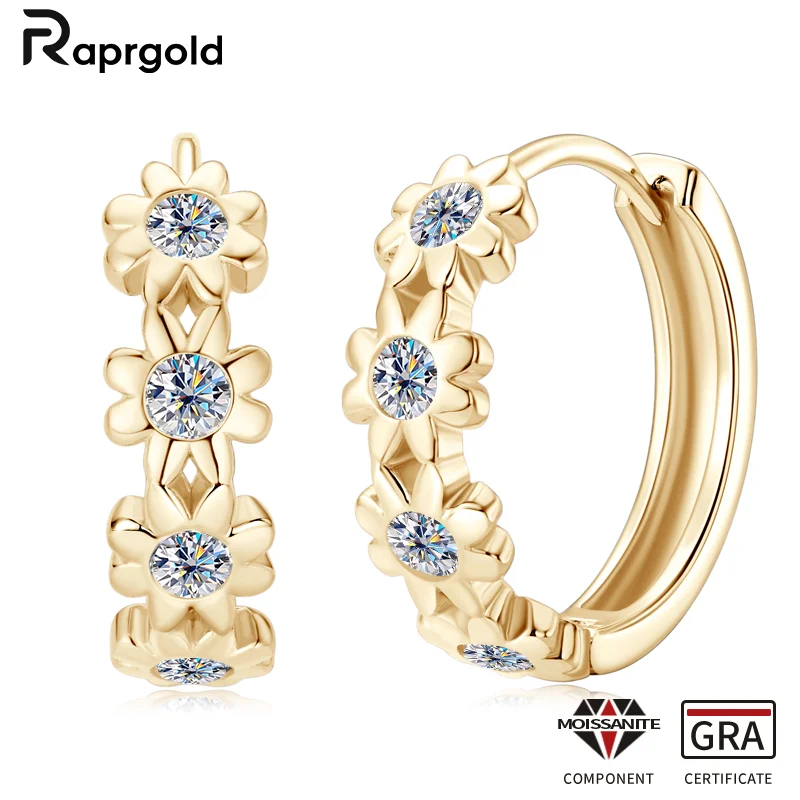 RAPRGOLD GRA Certified Moissanite Flower Hoop Earrings for Women 925 Sterling Silver Huggie Earring Fine Jewelry Gifts oorbellen