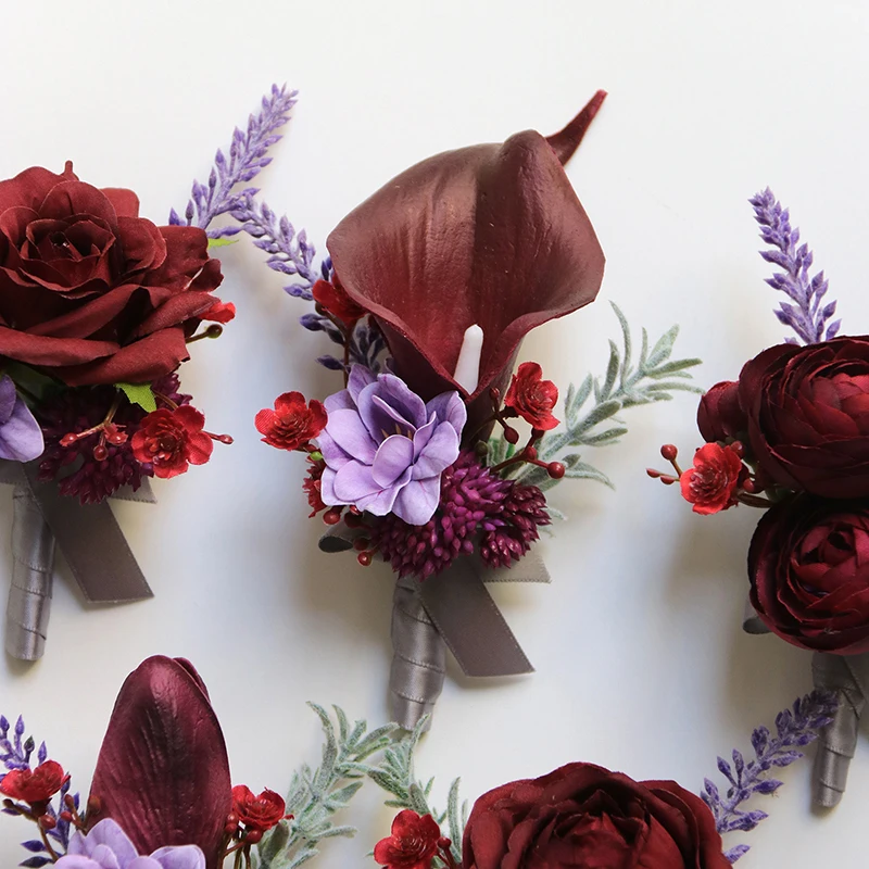 GT seta corpetto polso fiore decorazione di nozze spilla rosa matrimonio giglio a ferro di cavallo nero e rosso