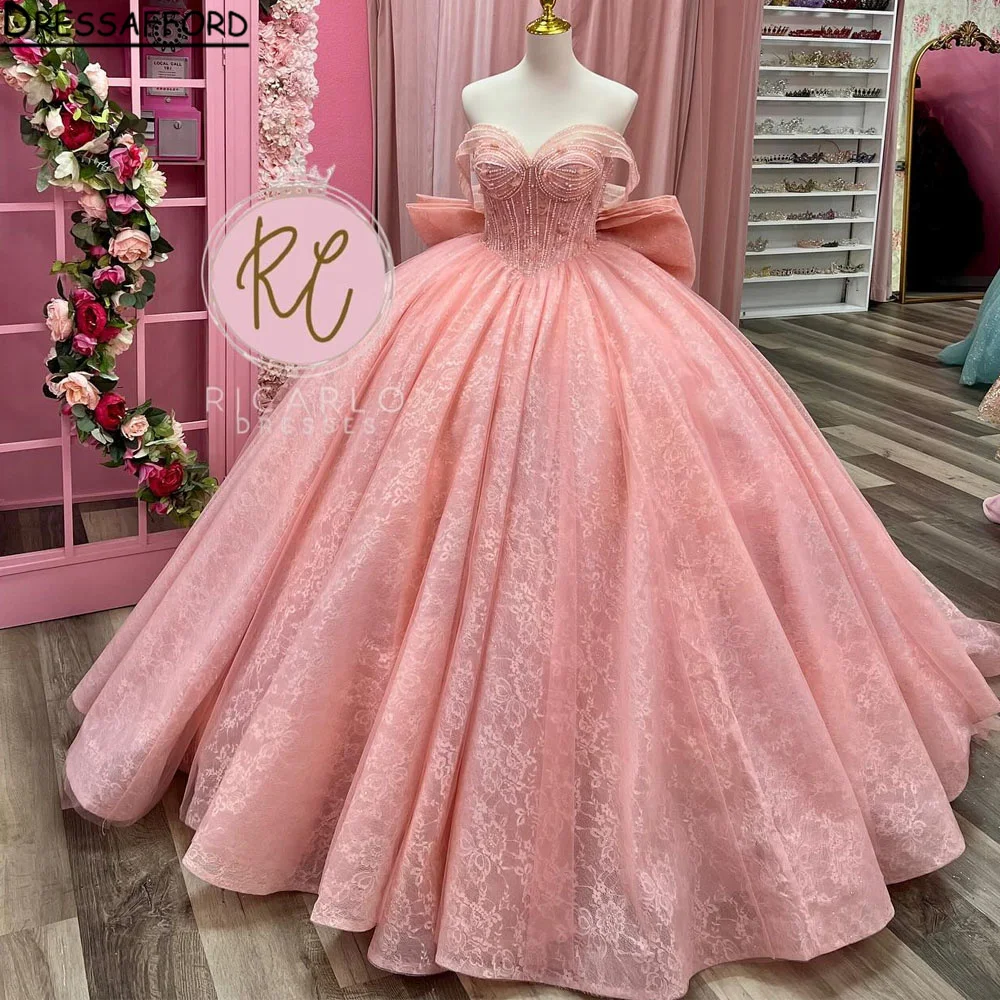 

Розовые блестящие платья Quinceanera с открытыми плечами Vestidos De 15, вечерние платья принцессы с бисером и кристаллами