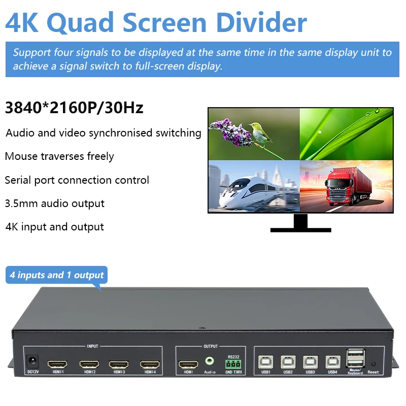 

HDMI KVM Switch 4x1 Quad Multi Viewer 4 in 1 Out KVM HDMI Processor Screen Multiviewer Seamless for 4 PC Share Mouse Keyboard