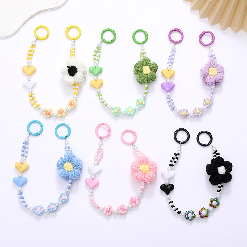 Plush Flowers Love Beaded Mobile Phone Chain Anti-Lost Lanyard Keychain Bag Water Cup Pendant Earphone Camera Chain