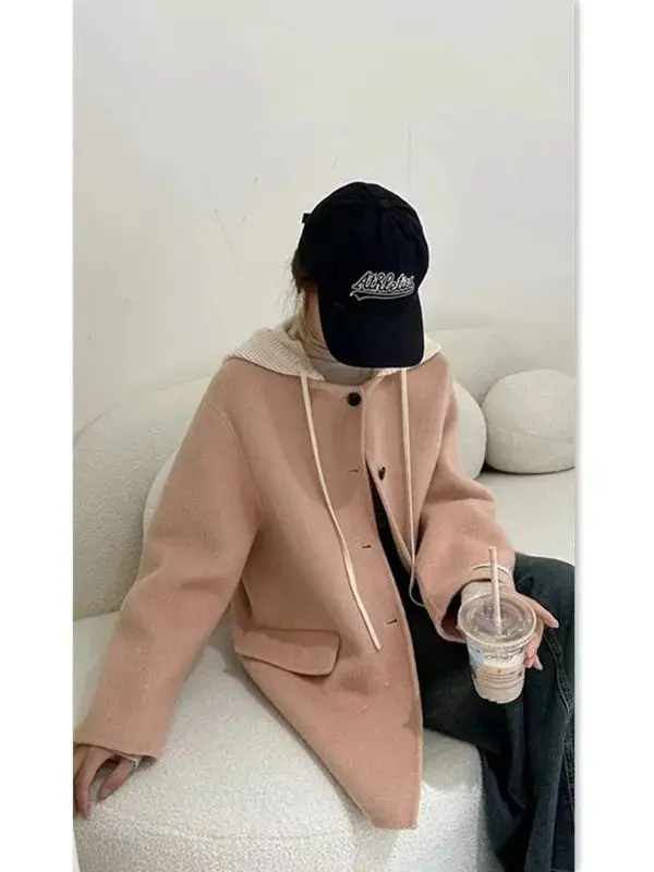 

plus Size Korean Sle Slimming Hooded Woolen Coat Women's Loose Long Outerwear Top High Waist Warmth Daily Use