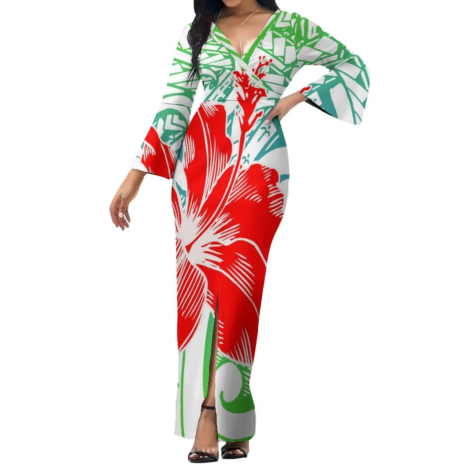 

Polynesian Summer Women's Long-sleeved Dress V-neck Design Casual Holiday Dress Custom Slit Sexy Dress Beach