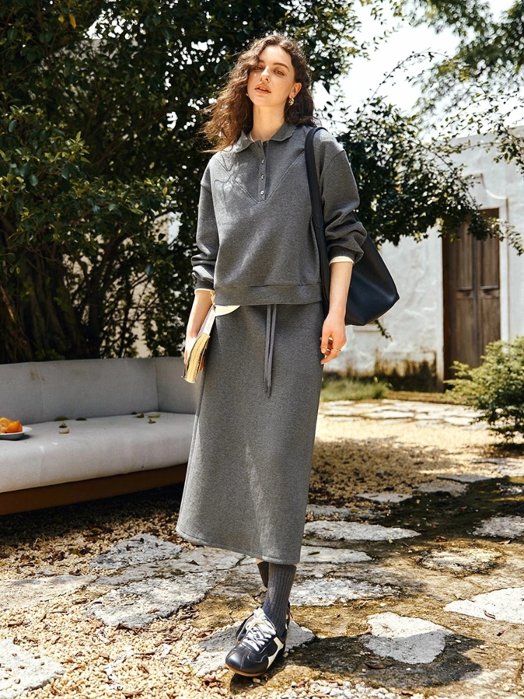 

OLrain Women's Gray Aesthetic Set Autumn 2025 New Collection Turn-Down Collar Top Drawstring Detail Vent Skirt O57QE001292