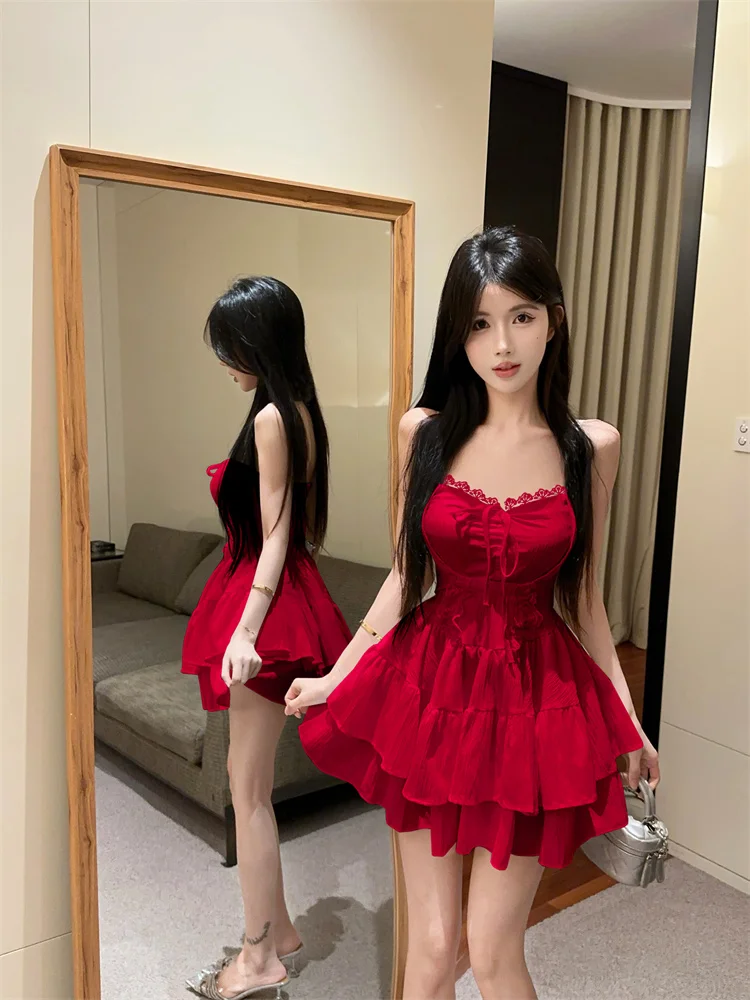 Sweet Lace Splice Drawstring Bow High Waist Slimming Puffy Dress Korean Style A-Line Skirt Short Length No Sleeve Summer 2025